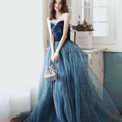 Blue Velvet Tulle Long Prom Dress Blue Evening..