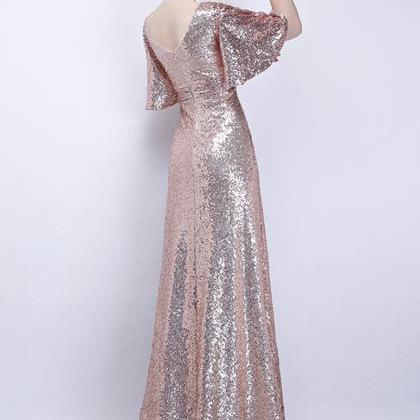 Simple V Neck Sequins Long Prom Dress Evening..
