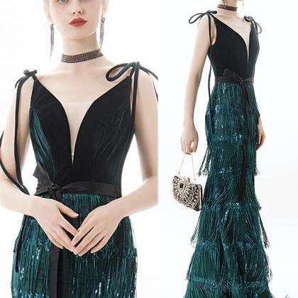 Green V Neck Fringe Long Prom Dress Mermaid..