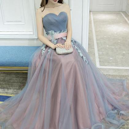 Blue Tulle Lace Long Prom Dress Blue Evening Dress