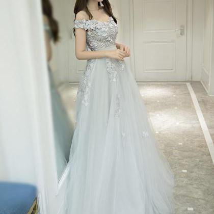 Gray Tulle Lace Long Prom Dress Evening Dress