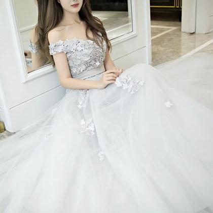 Gray Tulle Lace Long Prom Dress Evening Dress