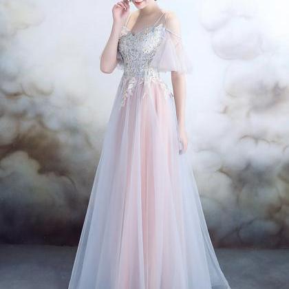 Pink Tulle Lace Long Prom Dress Lace Evening Dress
