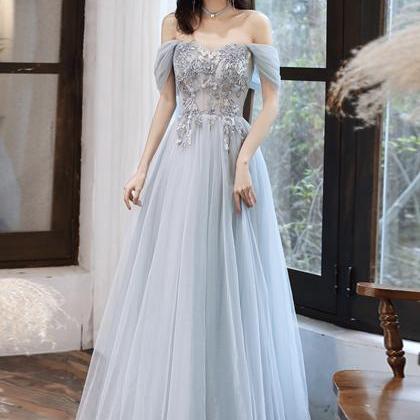 Gray Tulle Lace Long Prom Dress Gray Evening Dress