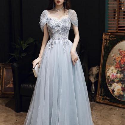 Gray Tulle Lace Long Prom Dress Gray Evening Dress