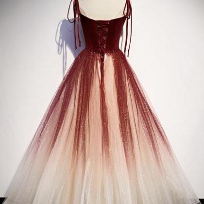 Burgundy Ombre Tulle Long Velvet Ball Gown Dress..
