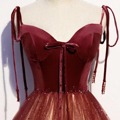 Burgundy Ombre Tulle Long Velvet Ball Gown Dress..