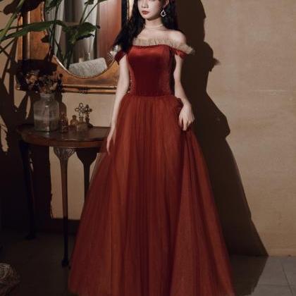 Burgundy velvet tulle long prom dress evening dress main image 1