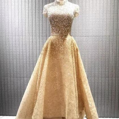 Gold Tulle Beads High Low Prom Dress Evening Dress