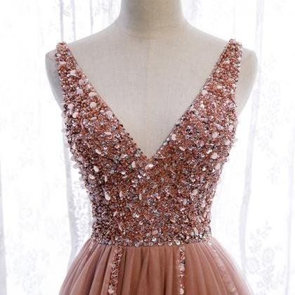 Pink V Neck Tulle Beads Prom Dress A Line Evening..
