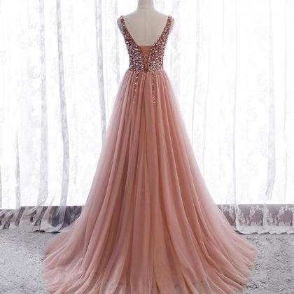 Pink V Neck Tulle Beads Prom Dress A Line Evening..