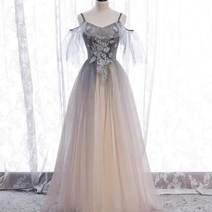Gray A Line Tulle Appliqué Long Prom Dress..