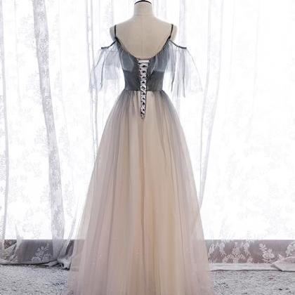 Gray A Line Tulle Appliqué Long Prom Dress..