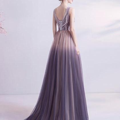 Elegant V Neck Tulle Long Prom Dress Evening Dress