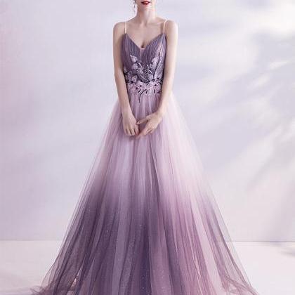 Purple V Neck Tulle Long Ball Gown Dress Formal..