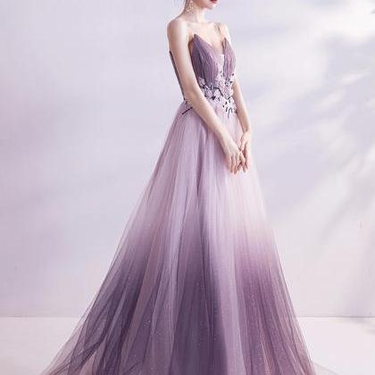 Purple V Neck Tulle Long Ball Gown Dress Formal..