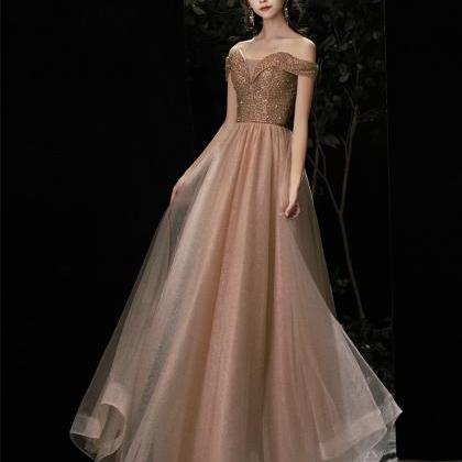 Gold Tulle Beads Long Prom Dress Evening Dress