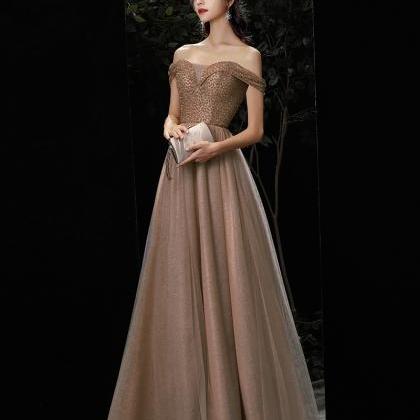 Gold Tulle Beads Long Prom Dress Evening Dress