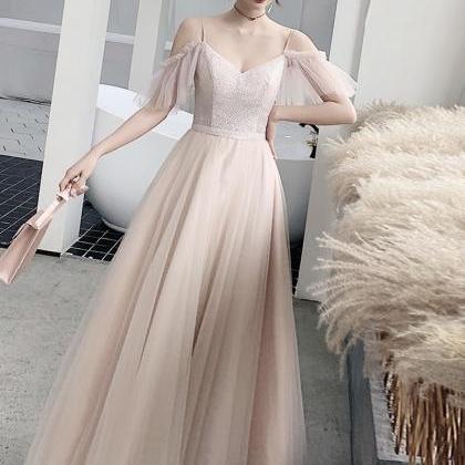 Bridesmaid Dress Pink Tulle Sequins Long Prom..