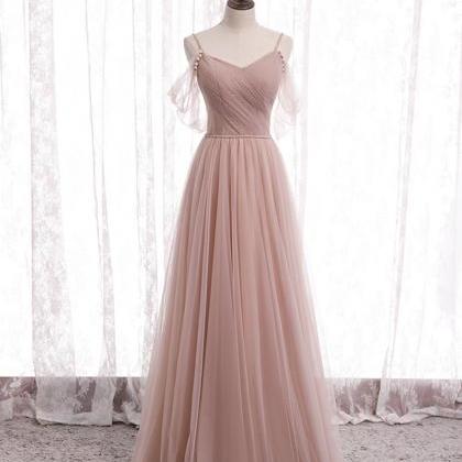 Pink A Line Tulle Long Prom Dress Bridesmaid Dress