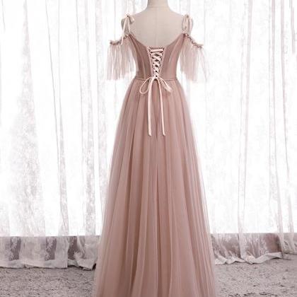 Pink A Line Tulle Long Prom Dress Bridesmaid Dress