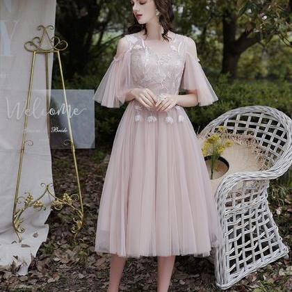 Bridesmaid Dress Pink Tulle Lace Short A Line Prom..