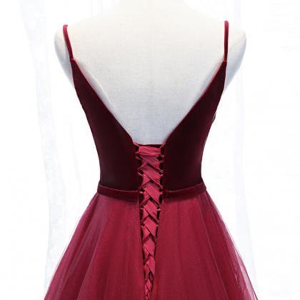 Burgundy Velvet Tulle Prom Dress A Line V Neck..