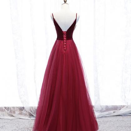 Burgundy Velvet Tulle Prom Dress A Line V Neck..