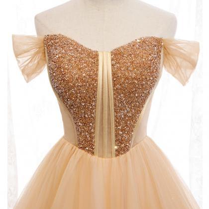 Gold Tulle Beads Long Ball Gown Dress Formal Dress