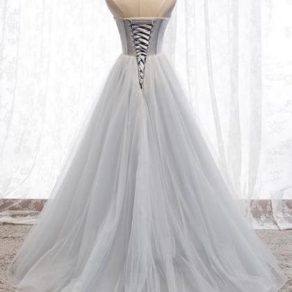 Gray Tulle Beads Long A Line Prom Dress Formal..