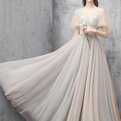 A Line V Neck Tulle Long Prom Dress Evening Dress