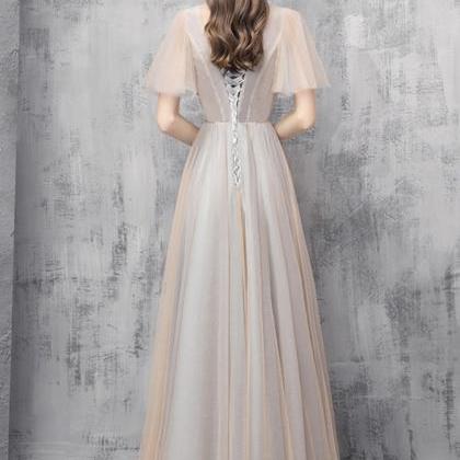 A Line V Neck Tulle Long Prom Dress Evening Dress