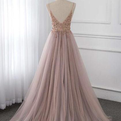Sweet Dusky Pink Crystal Prom Dresses Long Straps..