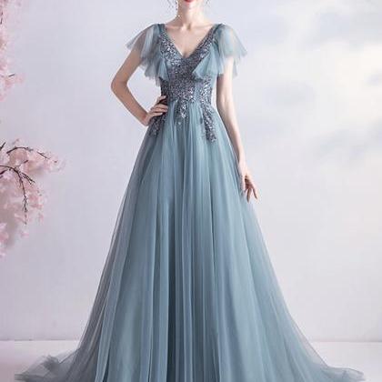 Blue V Neck Tulle Lace Ball Gown Dress Formal..