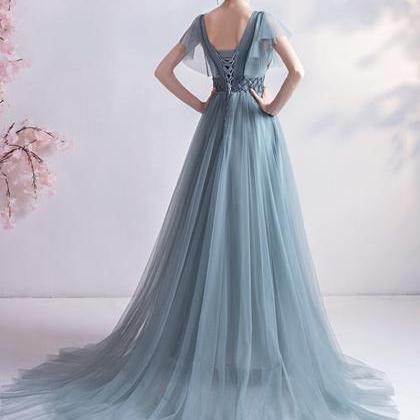 Blue V Neck Tulle Lace Ball Gown Dress Formal..