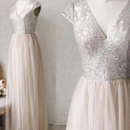 A Line V Neck Sequins Prom Dress Evening Dress