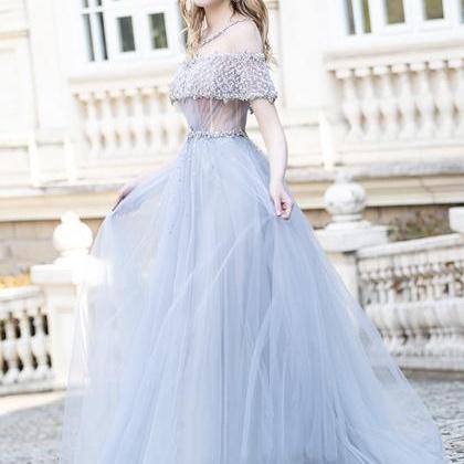 Gray Tulle Beads Long Prom Dress Evening Dress