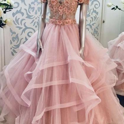 Pink Lace Applique Long Ball Gown Dress Sweet 16..