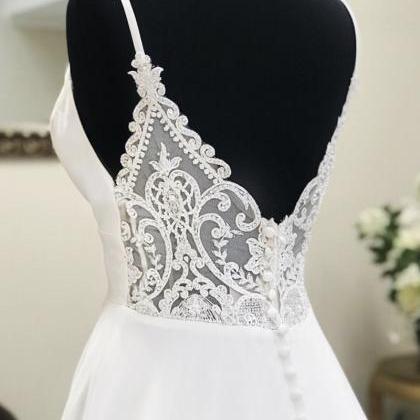 White V Neck Long Prom Dress With Lace White..