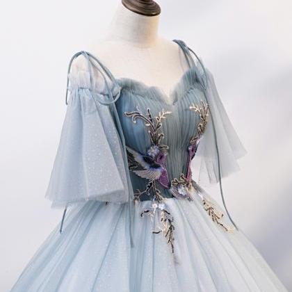 Blue Tulle Long Ball Gown Dress Sweetheart Neck..