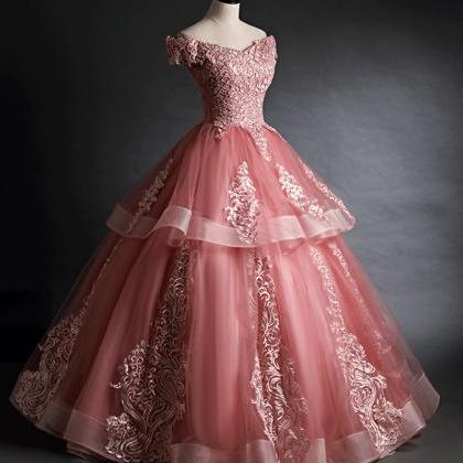 Pink Lace Long Ball Gown Dress Off Shoulder..