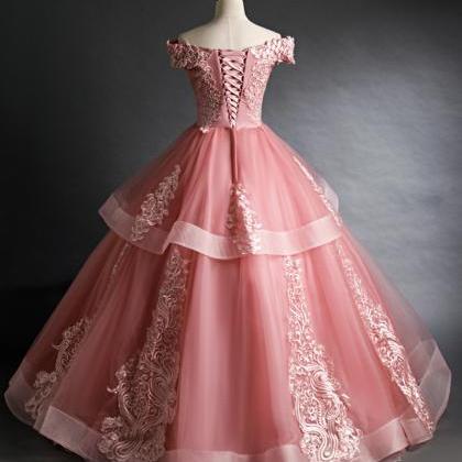Pink Lace Long Ball Gown Dress Off Shoulder..