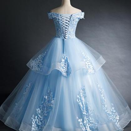 Blue Lace Long Ball Gown Dress Off Shoulder..