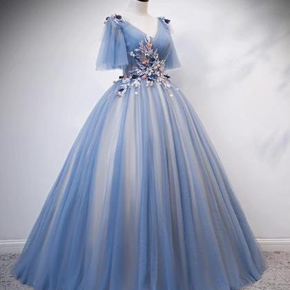 Blue V Neck Tulle Lace Long Prom Gown Formal Dress