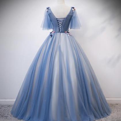 Blue V Neck Tulle Lace Long Prom Gown Formal Dress