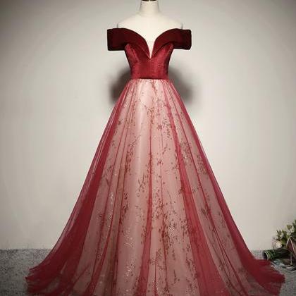Burgundy Velvet Sequins Long Ball Gown Dress..