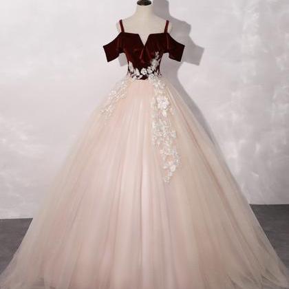 Burgundy Velvet And Pink Tulle Long Prom Dress..