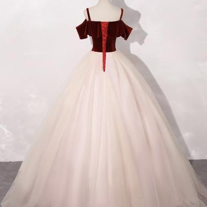 Burgundy Velvet And Pink Tulle Long Prom Dress..