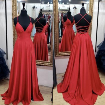 Red V Neck Long Prom Dress Red Evening Dress