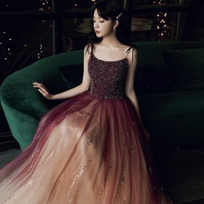 Burgundy Tulle Beads Long Prom Dress Evening Dress